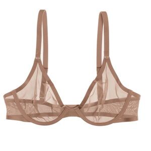 Cuup 30F (DDD) The Plunge Mesh Underwire Cup Back Hook Closure in Taupe Worn 1x